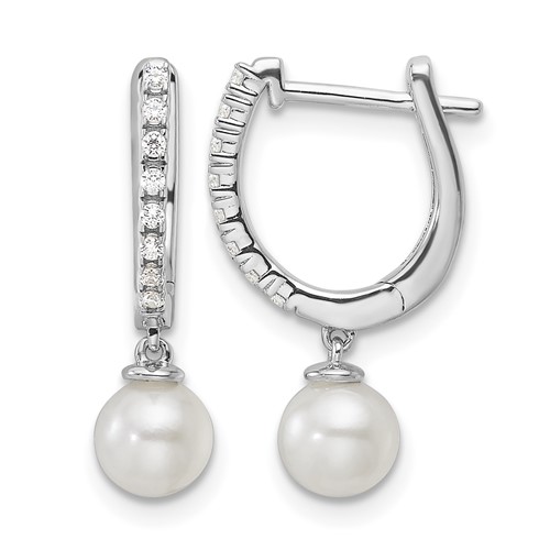 14K White Gold 0.10 Carat Lab Grown Diamond VS SI+ G+ and 5.50 Mm Round Freshwater Cultured Pearl Complete Hinged Hoop Earrings