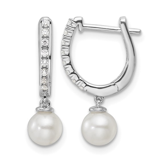 14k White Gold 1/10 carat Lab Grown Diamond VS/SI+ G+ and 5.50 mm Round Freshwater Cultured Pearl Complete Hinged Hoop Earrings