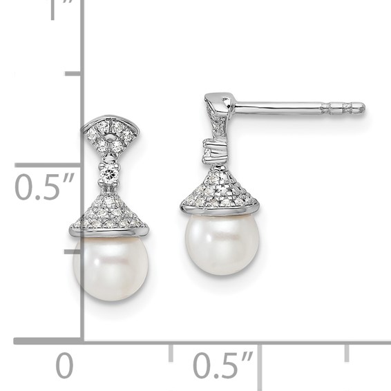 14K White Gold Polished 1/8 carat Diamond and White Freshwater Cultured Pearl Drop Post Earrings