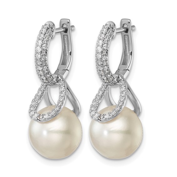 14K White Gold 10-11 White Round Freshwater Cultured Pearl .41 carat Diamond Hinged Hoop Earrings with Removable Dangles