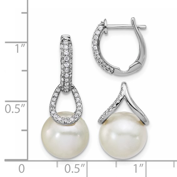 14K White Gold 10-11 White Round Freshwater Cultured Pearl .41 carat Diamond Hinged Hoop Earrings with Removable Dangles