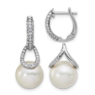14K White Gold 10-11 White Round Freshwater Cultured Pearl .41 carat Diamond Hinged Hoop Earrings with Removable Dangles