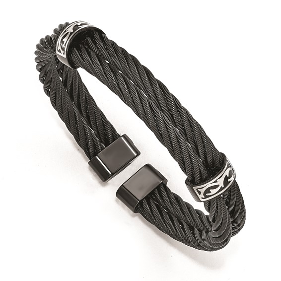 Edward Mirell Black Ti & Sterling Silver Thorn Double Cable Cuff Bracelet