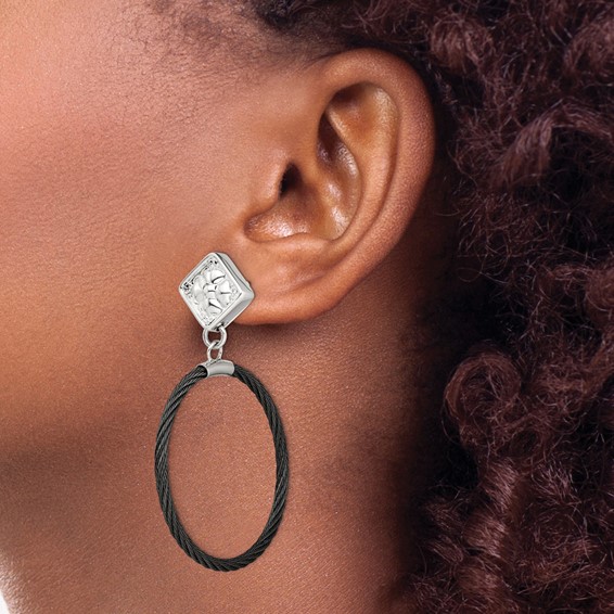 Edward Mirell Black Ti Cable and Sterling Silver Floral Post Dangle Earrings