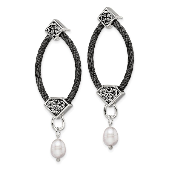 Edward Mirell Black Ti Cable and Sterling Silver Floral Accent with Freshwater Cultured Pearl Dangle Earrings