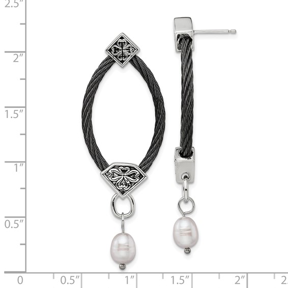 Edward Mirell Black Ti Cable and Sterling Silver Floral Accent with Freshwater Cultured Pearl Dangle Earrings