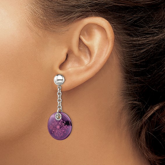 Edward Mirell Black Ti Anodized Pink Ornate Circle and Sterling Silver Post Dangle Earrings