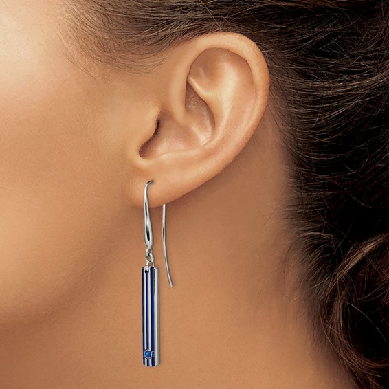 Edward Mirell Titanium Triple Groove Blue Anodized and Blue Sapphire Dangle Earrings