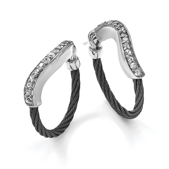 Edward Mirell Black Ti Memory Cable and Argentium Sterling Silver with White Sapphire Hoop Earrings