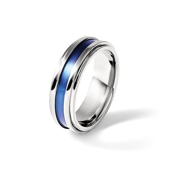 Edward Mirell Gray Titanium with Blue Anodized Stripe Flat Grooved Step Edge 8mm Band