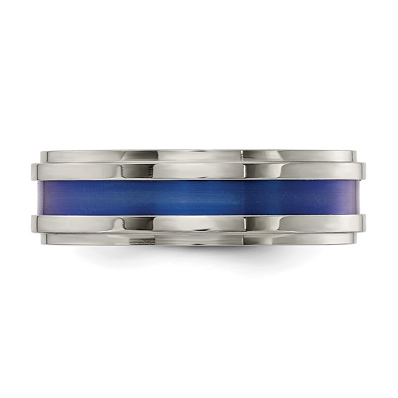 Edward Mirell Gray Titanium with Blue Anodized Stripe Flat Grooved Step Edge 7mm Band