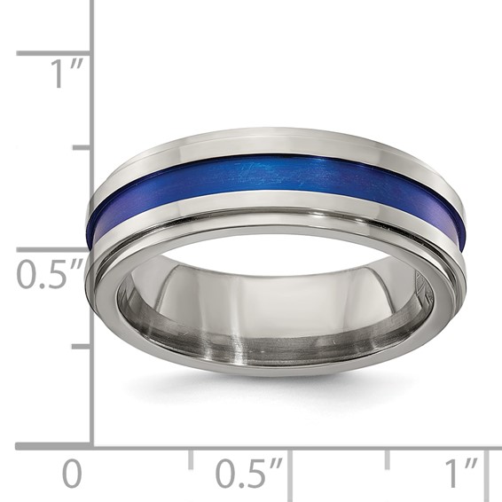 Edward Mirell Gray Titanium with Blue Anodized Stripe Flat Grooved Step Edge 7mm Band