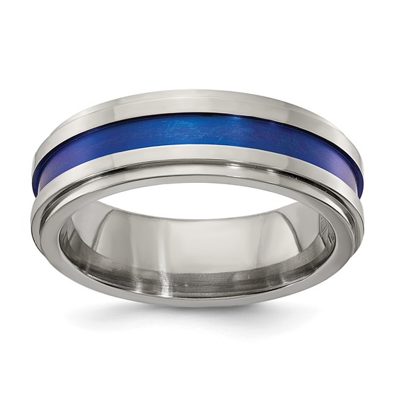 Edward Mirell Gray Titanium with Blue Anodized Stripe Flat Grooved Step Edge 7mm Band