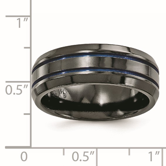 Edward Mirell Titanium Black Ti with Blue Anodized Grooves Beveled Edge 8mm Band