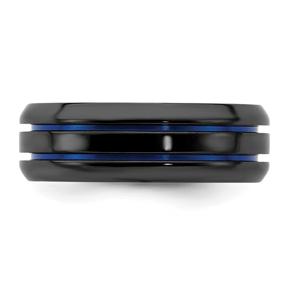 Edward Mirell Titanium Black Ti with Blue Anodized Grooves Beveled Edge 8mm Band