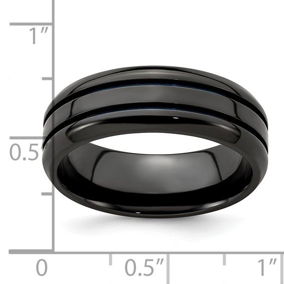 Edward Mirell Titanium Black Ti with Blue Anodized Grooves Beveled Edge 8mm Band
