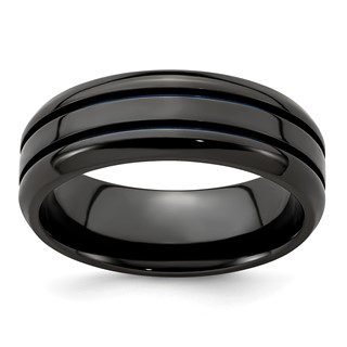 Edward Mirell Titanium Black Ti with Blue Anodized Grooves Beveled Edge 8mm Band