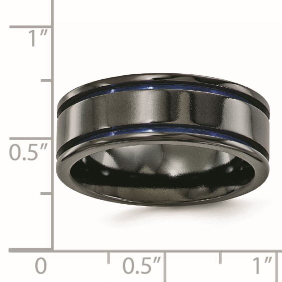 Edward Mirell Titanium Black Ti with Blue Anodized Grooves Flat 8mm Band