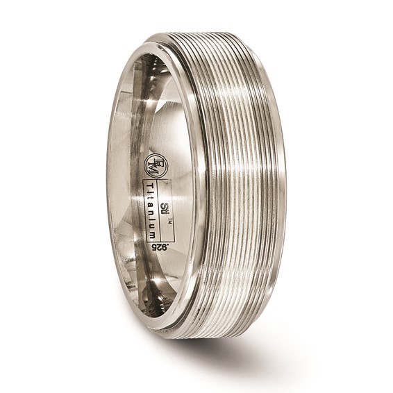 Edward Mirell Titanium with Sterling Silver Textured Lines Step Edge 7.5mm Band