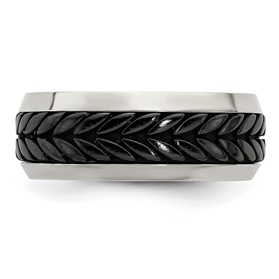 Edward Mirell Stainless Steel and Black Ti Rope Design Beveled Casted 9mm Band