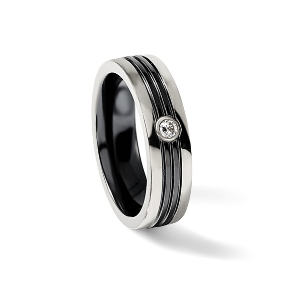 Edward Mirell Black Ti with Grey Titanium Edge 1/10 carat Diamond with Sterling Silver Bezel 6mm Band