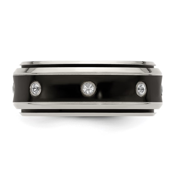 Edward Mirell Black Ti and Titanium Polished White Sapphire with Sterling Silver Bezels 9mm Band