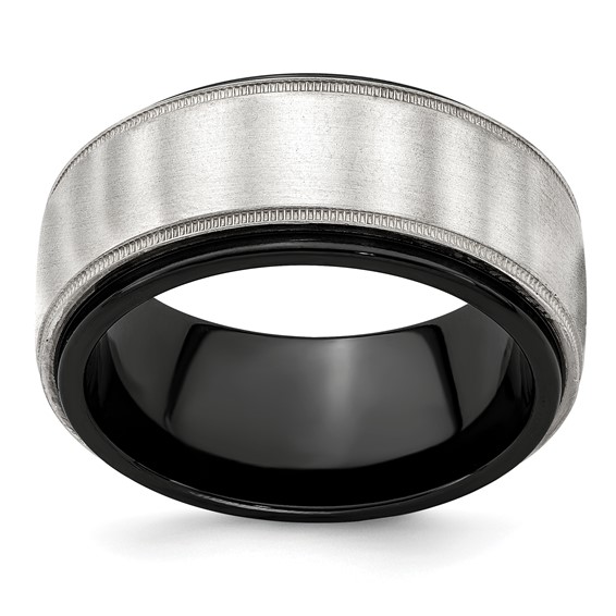 Edward Mirell Black Ti & Sterling Silver Brushed & Polished Milgrain Ring