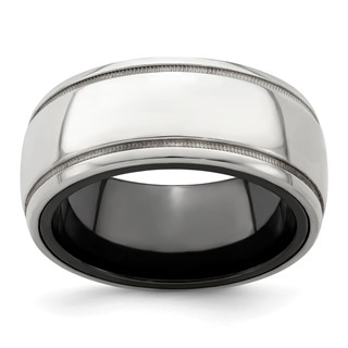 Edward Mirell Black Ti & Sterling Silver Polished Domed Milgrain Ring