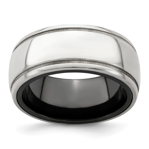 Edward Mirell Black Ti & Sterling Silver Polished Domed Milgrain Ring