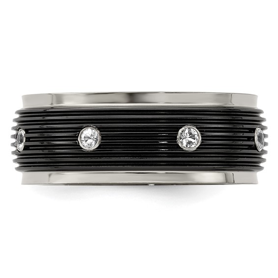 Edward Mirell Titanium & Black Ti With White Sapphires Grooved Ring