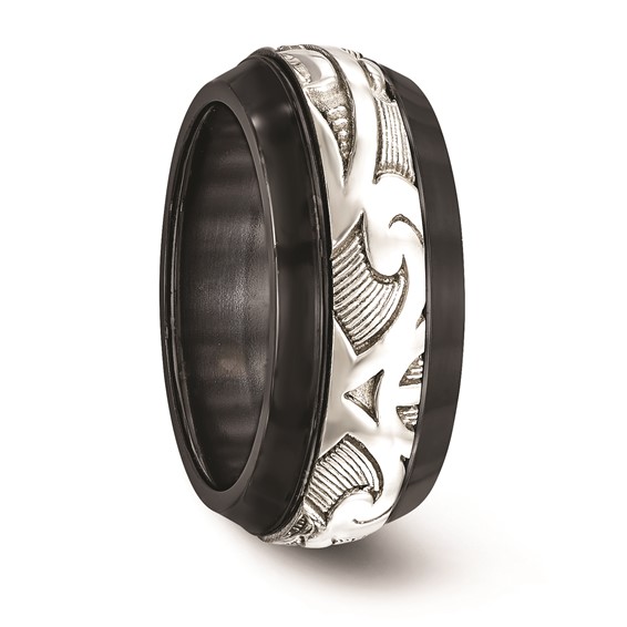 Edward Mirell Black Ti & Sterling Silver Inlay Polished Scroll Ring