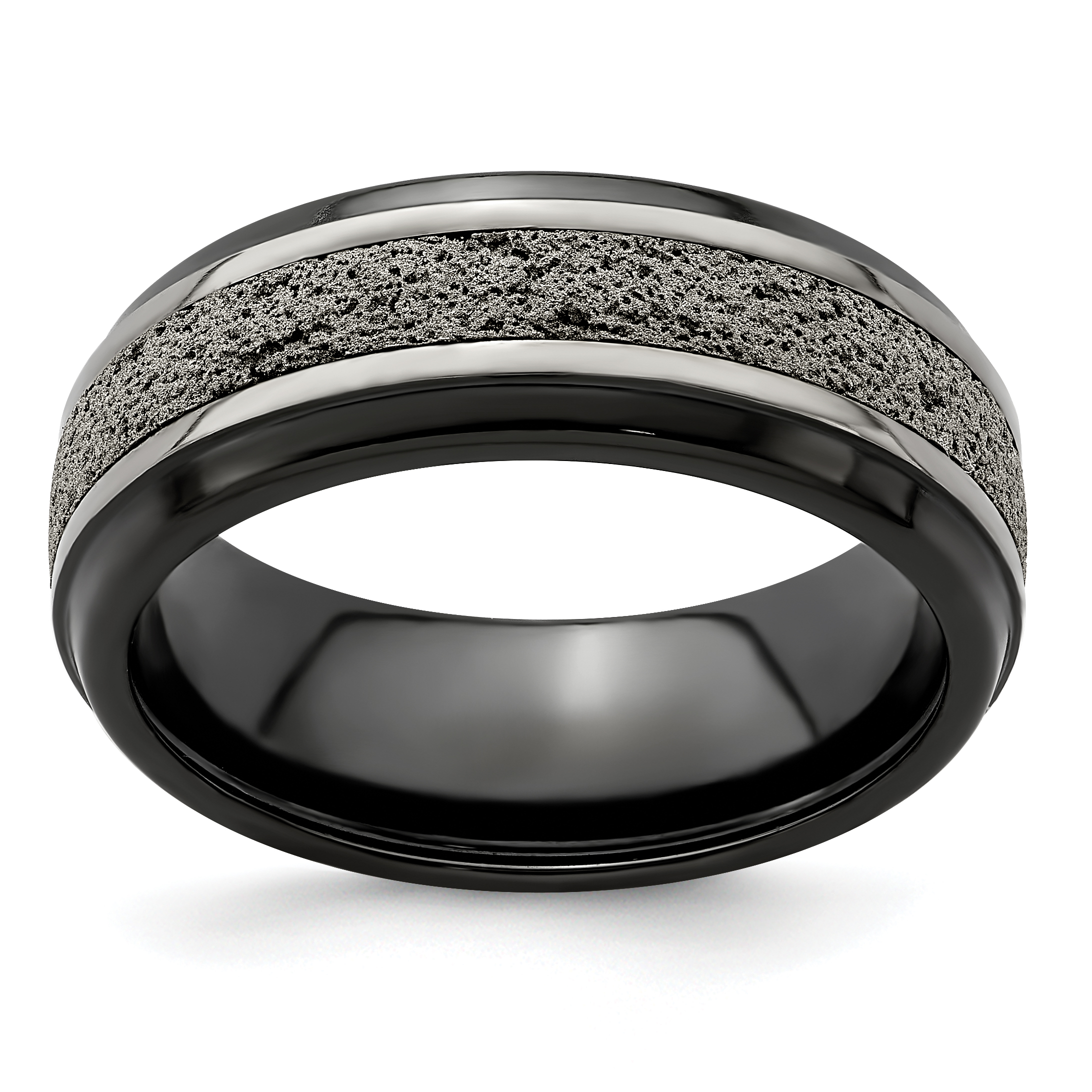 FB Jewels Solid Edward Mirell Stainless Steel W/Black Crete Inlay Stepped 8mm Wedding Band