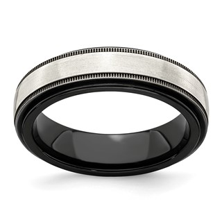 Edward Mirell Black Ti & Sterling Silver Satin & Polished Milgrain Band