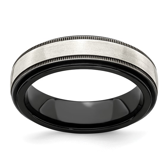 Edward Mirell Black Ti & Sterling Silver Satin & Polished Milgrain Band