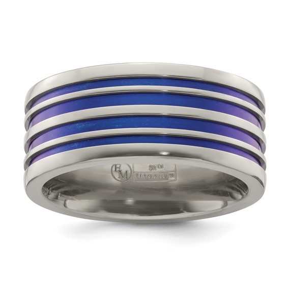 Edward Mirell Titanium with Blue Anodized Grooves Flat 10mm Band