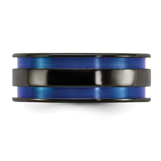 Edward Mirell Black Ti with Blue Anodized Grooves Flat 8.5mm Band