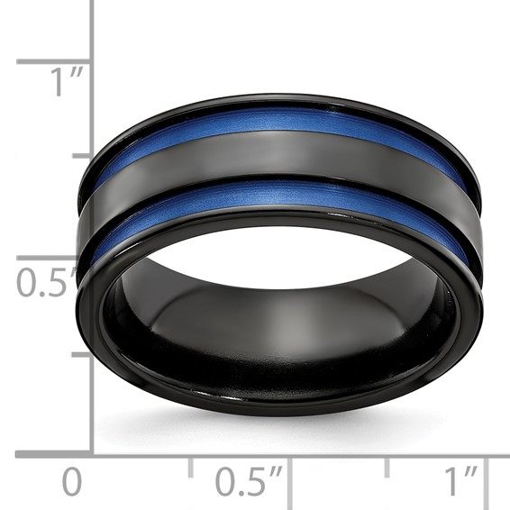 Edward Mirell Black Ti with Blue Anodized Grooves Flat 8.5mm Band