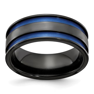 Edward Mirell Black Ti with Blue Anodized Grooves Flat 8.5mm Band