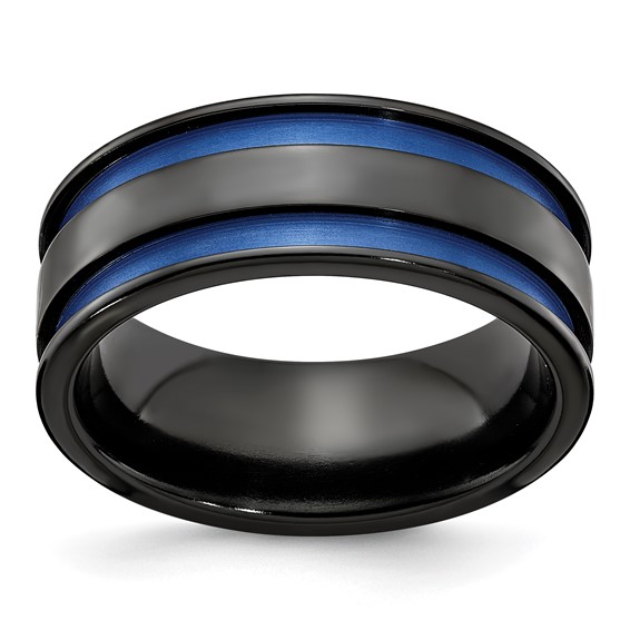 Edward Mirell Black Ti with Blue Anodized Grooves Flat 8.5mm Band
