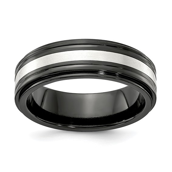 Edward Mirell Black Ti with Sterling Silver Inlay Double Groove 7mm Band