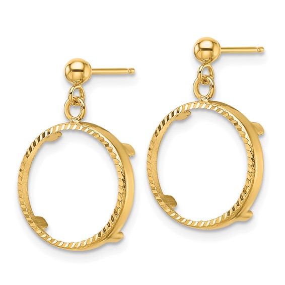 Wideband Distinguished Coin Jewelry 14k Polished and Diamond-cut Classic 13.0mm Prong Coin Bezel Post Dangle Earrings