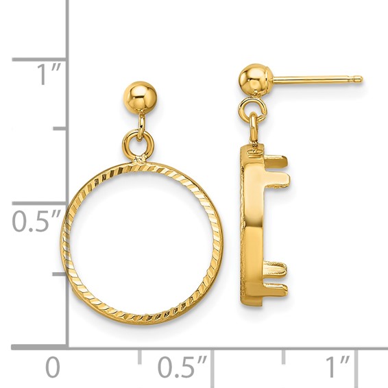 Wideband Distinguished Coin Jewelry 14k Polished and Diamond-cut Classic 13.0mm Prong Coin Bezel Post Dangle Earrings