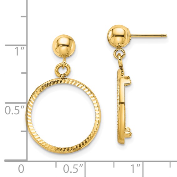 Wideband Distinguished Coin Jewelry 14k Polished and Diamond-cut Classic 15.0mm Prong Coin Bezel Post Dangle Earrings