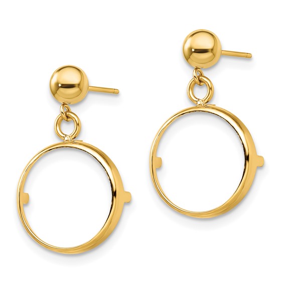 14k Classic Prong Coin Bezel Post Dangle Earrings                     