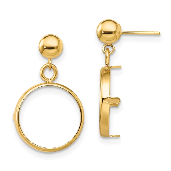 14k Classic Prong Coin Bezel Post Dangle Earrings                     