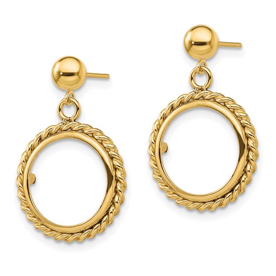 14k Twisted Wire Prong Coin Bezel Post Dangle Earrings                