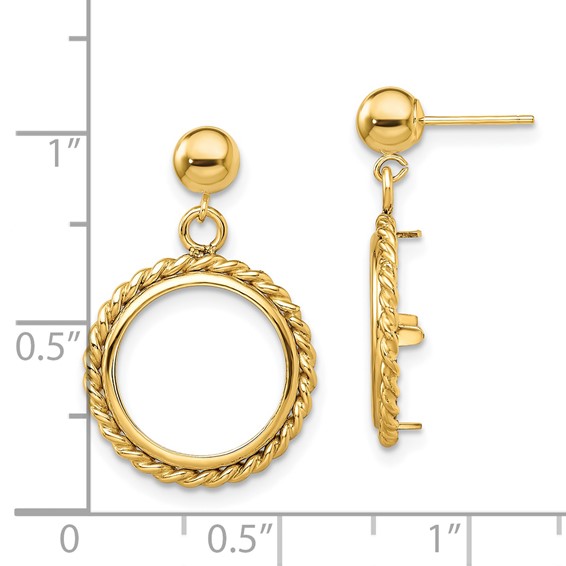 14k Twisted Wire Prong Coin Bezel Post Dangle Earrings                