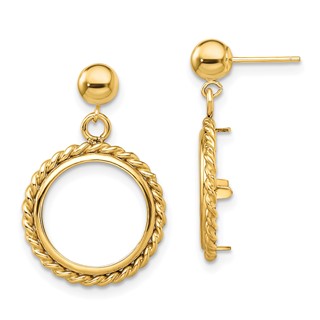 14k Twisted Wire Prong Coin Bezel Post Dangle Earrings                