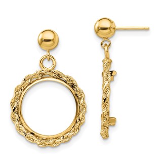 14k 2mm H/M Rope Prong Coin Bezel Post Dangle Earrings                
