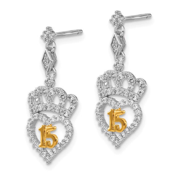 Sterling Silver Gold-Tone CZ 15 Heart Crown Post Dangle Earrings